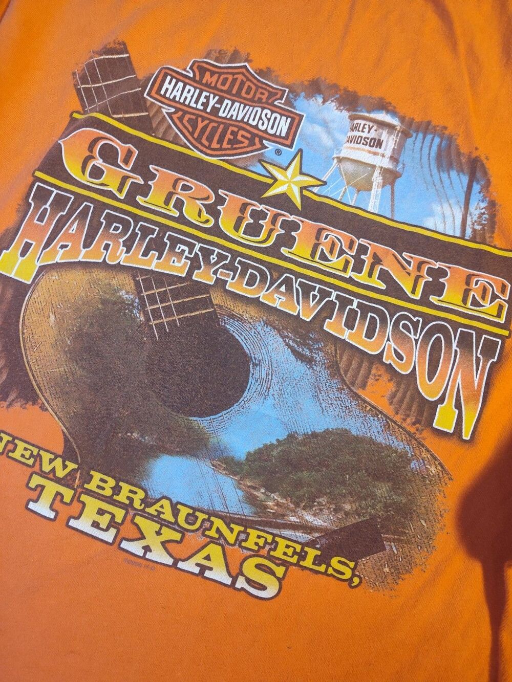 Vintage Gruene Harley-Davidson New Braunfels, Texas Orange Long Sleeve Shirt 002